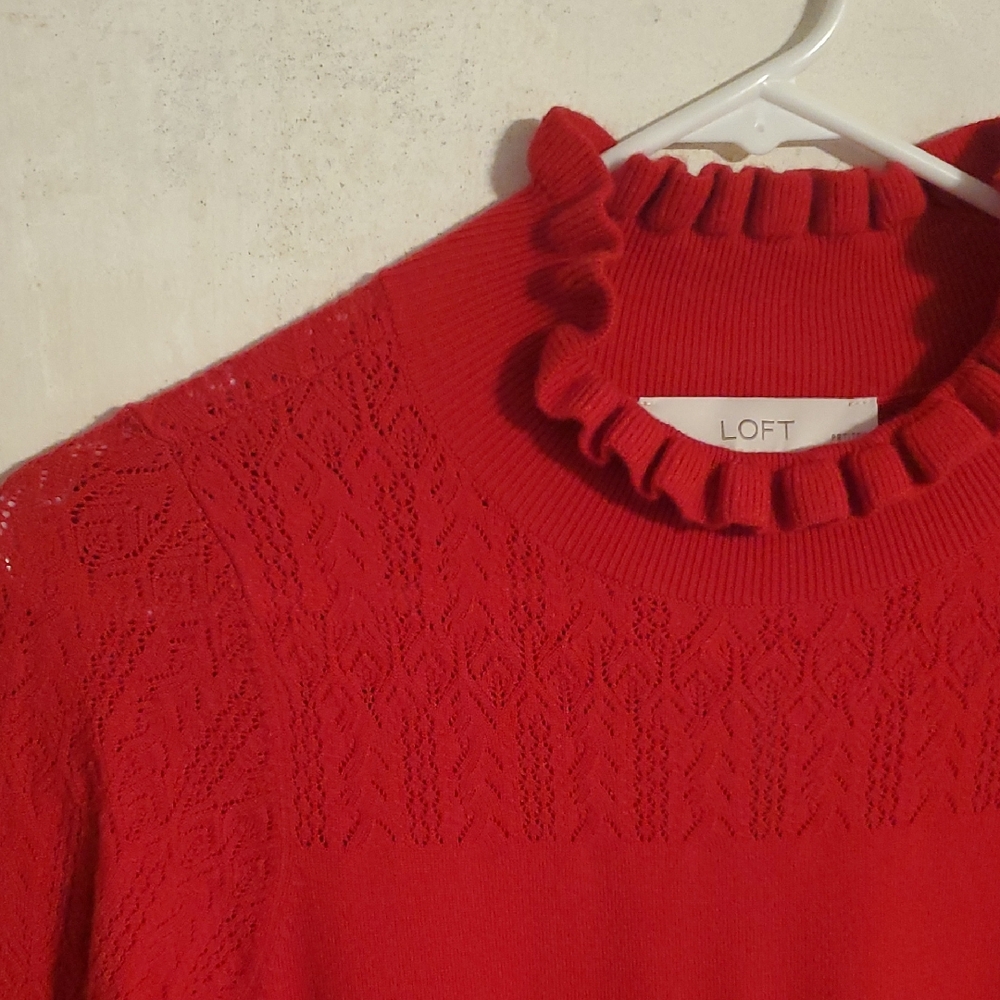 LOFT Women's Vibrant Red Ruffled Turtleneck Sweater DRESS